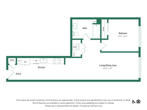 Floor plan for 1 bed, 1 bath, 681 sqft